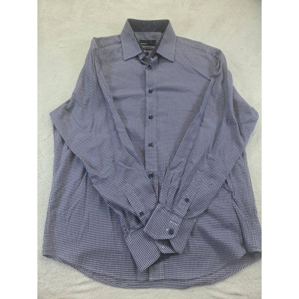 Quieti Mens Medium Blue Micro Houndstooth Button Down Shirt 100% Fine Cotton